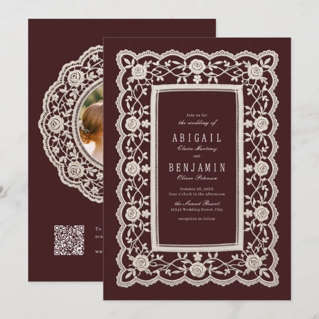 Convite Casamento Clássico com Renda Floral Borgonha Vinta (Frente/Verso)