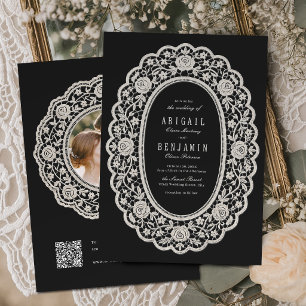 Convite Casamento Clássico com Renda Floral Preta Vintage