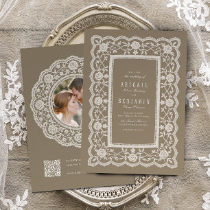 Convite Casamento Clássico com Renda Floral Vintage Neutra