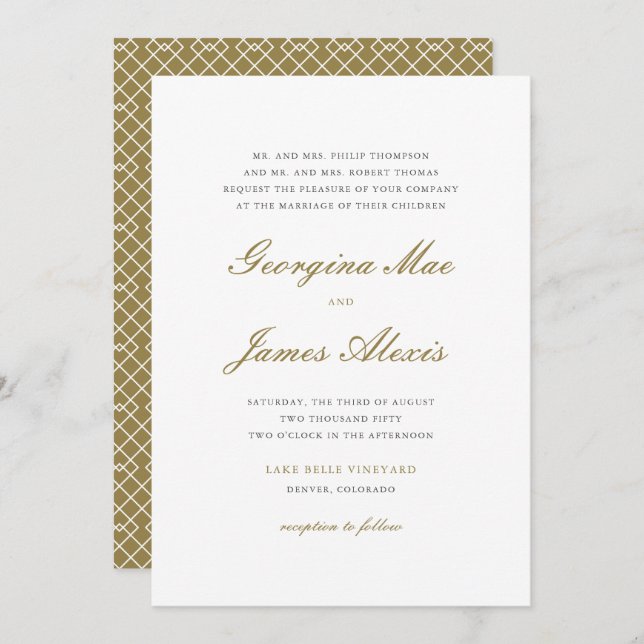 Convite Casamento Clássico com Script Branco e Dourado (Frente/Verso)