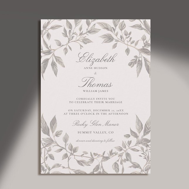 Convite Casamento Clássico Cor-de-Rosa-Quadro da Folhagem  (forest wedding invitation botanical frame elegant classic modern calligraphy earthy brown pink)
