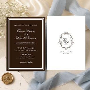 Convite Casamento Clássico Crest Monograma Marrom Chocolat