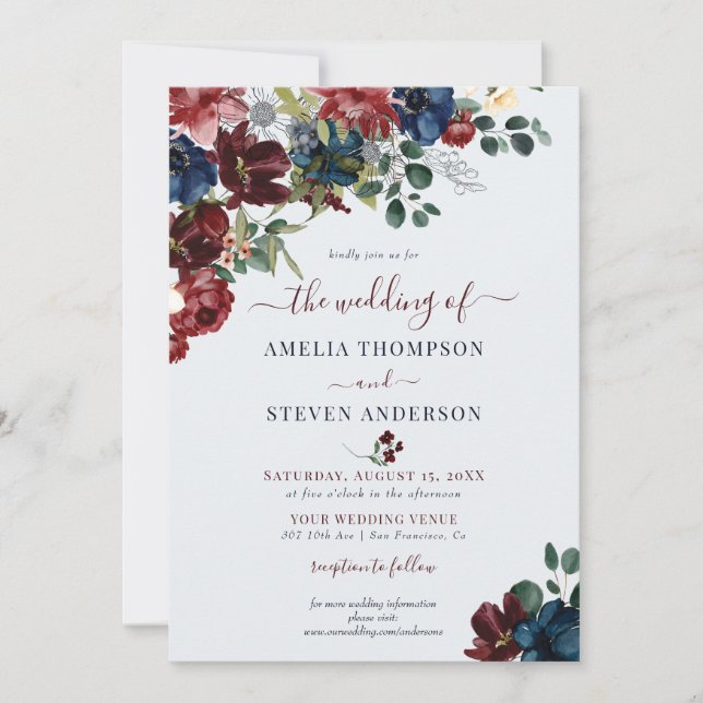 Convite Casamento Clássico de Borgonha e Marinho (Frente)