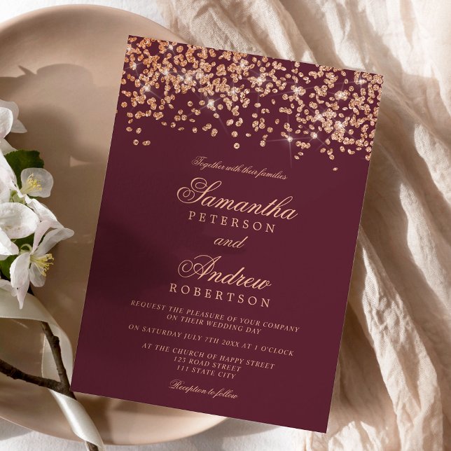 Convite Casamento clássico de burgundy rosa gold confetti (Classic red burgundy rose gold confetti wedding invitation)