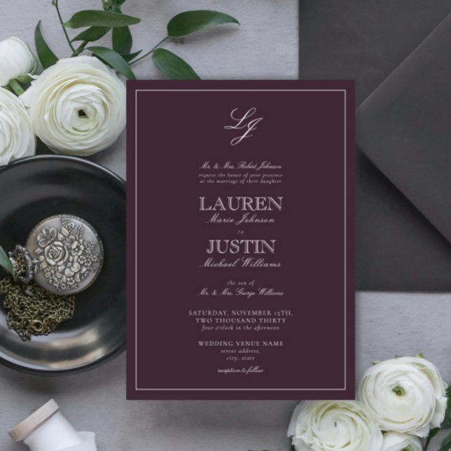 Convite Casamento Clássico de Caligrafia Púrpura e Monogra (Criador carregado)