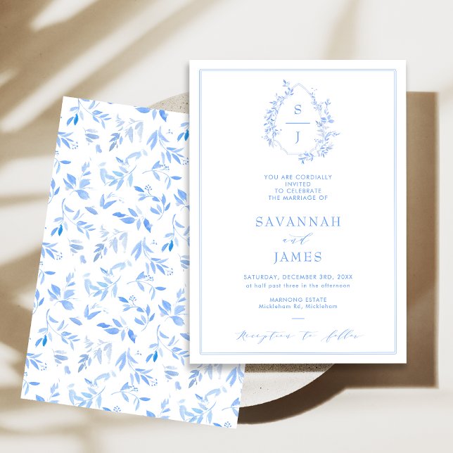 Convite Casamento Clássico de Folhagem Azul Crest (Classic Blue Crest Wedding Invitation, Blue Monogram Wedding Invitation, Watercolor Foliage Crest)
