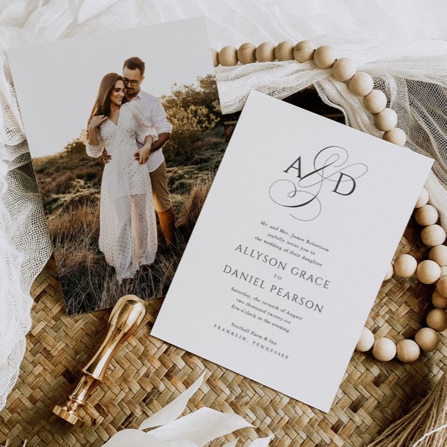 Convite Casamento Clássico de Foto do Monograma do Script  (Criador carregado)