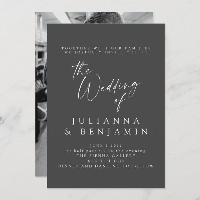 Convite Casamento Clássico de Foto do Script Preto Elegant (Frente/Verso)