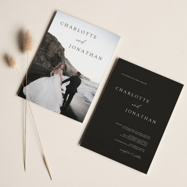 Convite Casamento Clássico de Foto Negra Moderna Elegante (Criador carregado)