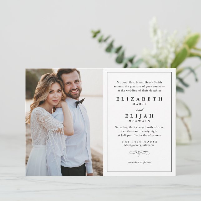 Convite Casamento clássico de fotos em preto e branco (Em pé/Frente)