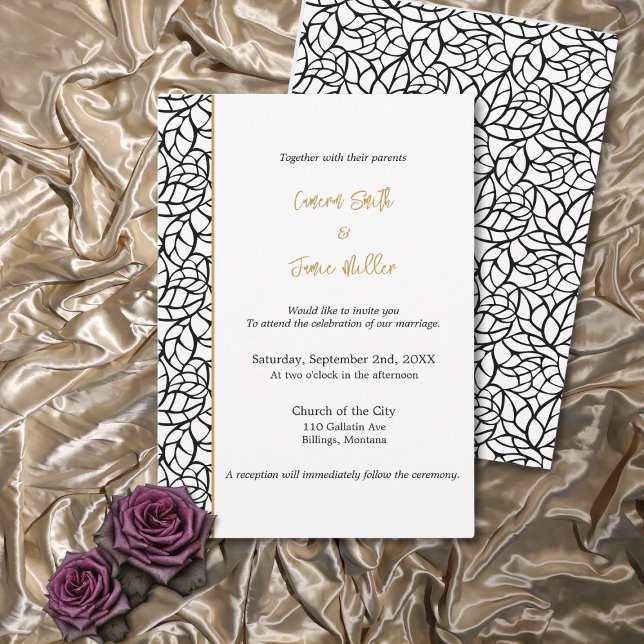 Convite Casamento Clássico de Fronteira de Folha Branca e  (Classic White & Black Leaf Pattern Border Wedding Invitation)