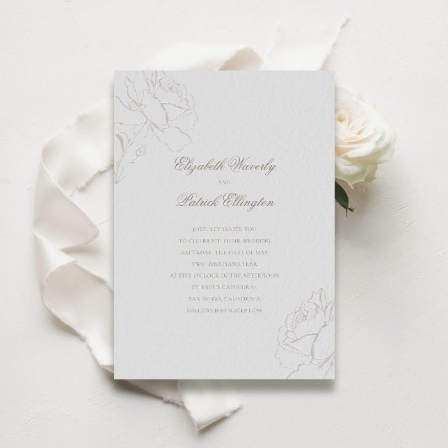 Convite Casamento Clássico de Ivory Modern, Rosas Embrisad (modern classic wedding invitation roses frame calligraphy elegant traditional ivory formal tradition)