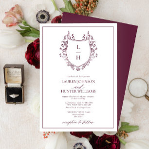 Convite Casamento Clássico de Monograma de Burgundia de Fl