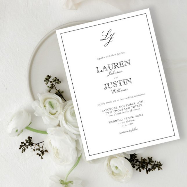 Convite Casamento Clássico de Monograma de Caligrafia Bran (Criador carregado)