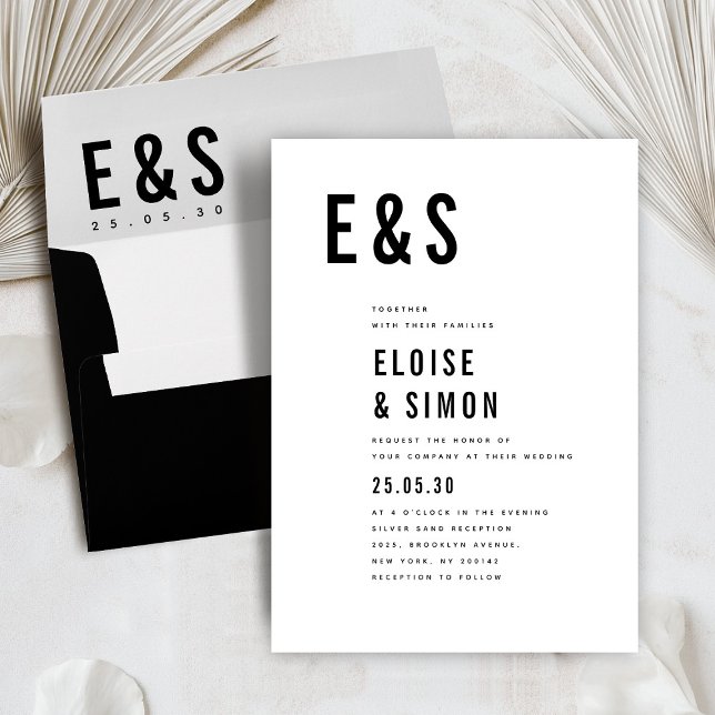 Convite Casamento Clássico de Monograma Mínimo Moderno (Modern minimalist bold initials classic wedding invitation)