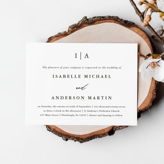 Convite Casamento clássico de monograma preto e branco (Criador carregado)