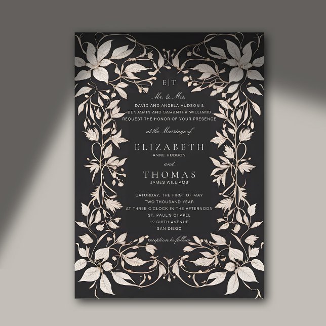 Convite Casamento Clássico de Monogramas Florestais Moody  (moody forest wedding invitation dark romance black white elegant classic formal botanical frame)