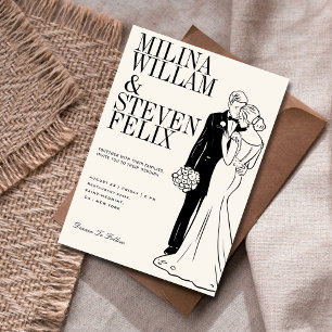 Convite Casamento Clássico de Noiva e Ilustração de Groom