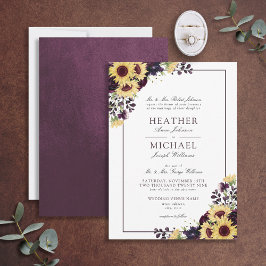 Convite Casamento Clássico de Plum Purple Sunflower Waterc