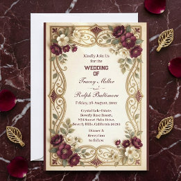Convite Casamento Clássico de Rosas Bordeaux Douradas Art