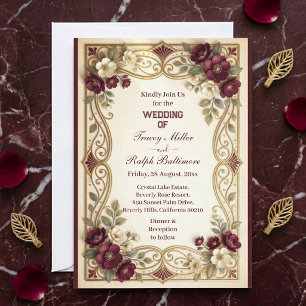 Convite Casamento Clássico de Rosas Bordeaux Douradas Art