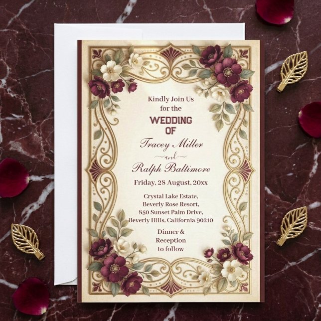 Convite Casamento Clássico de Rosas Bordeaux Douradas Art  (Art Nouveau Golden Burgundy Roses Classic Wedding Invitation)