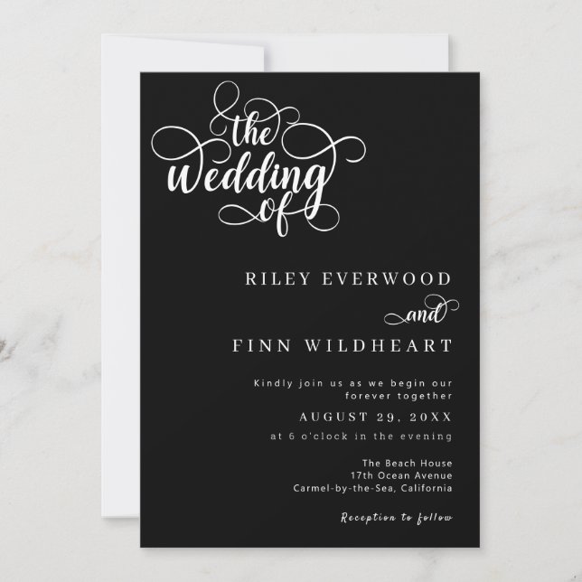 Convite Casamento Clássico de Script Branco e Preto (Frente)