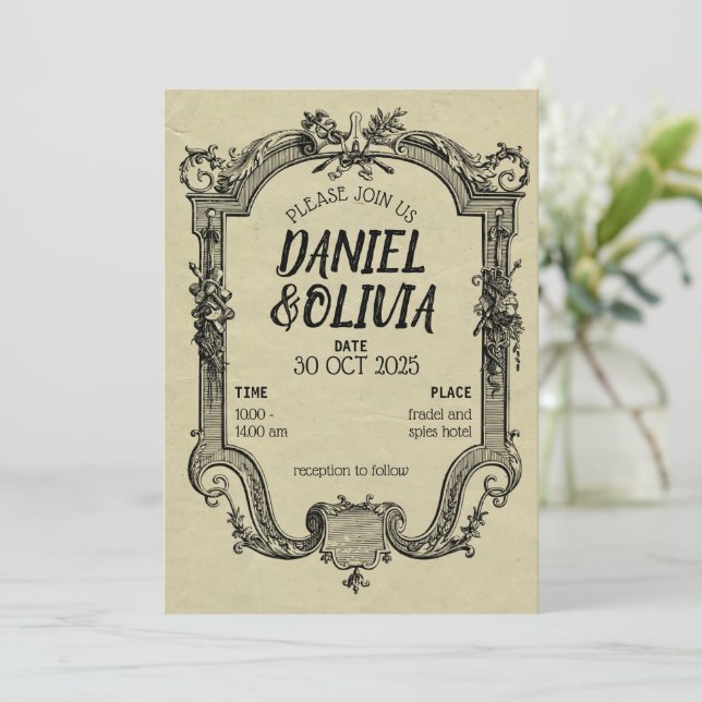 Convite Casamento Clássico de Vintagem Negra Verde (Em pé/Frente)