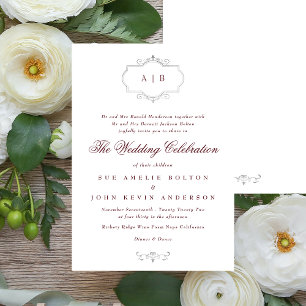 Convite casamento clássico do monograma de prata maroon bu