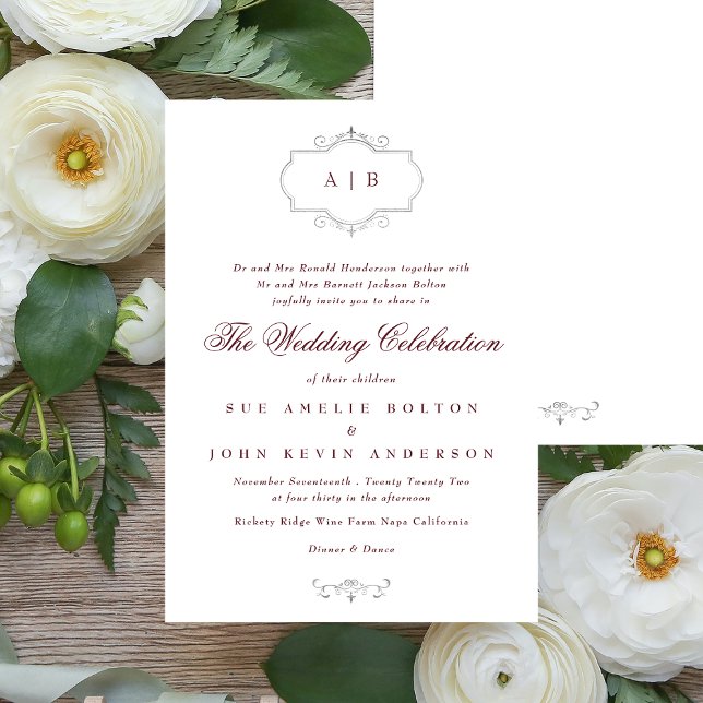 Convite casamento clássico do monograma de prata maroon bu (Criador carregado)