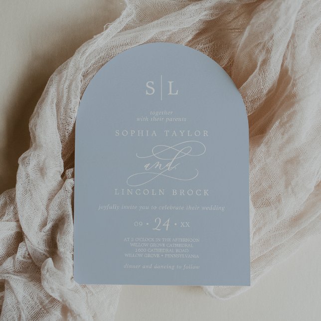 Convite Casamento Clássico do Monograma do Bebê Arch SOPHI (SOPHIA Arch Baby Blue Monogram Classic Wedding Invitation)