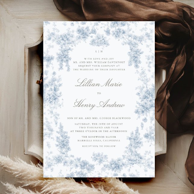 Convite Casamento Clássico do Tóile Azul Chateau (vintage garden wedding invitation dusty blue toile french floral romantic old money formal tradition)