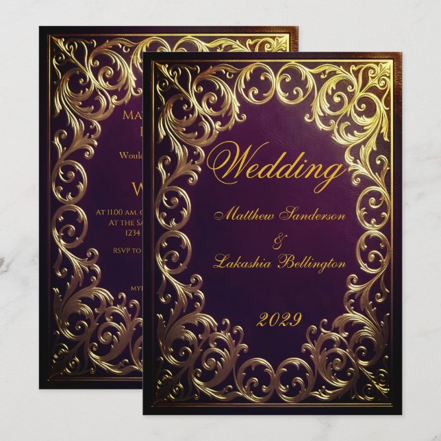 Convite Casamento Clássico Dourado Bordeaux Casamento (Frente/Verso)