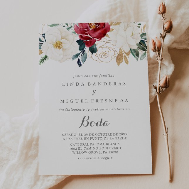 Convite Casamento Clássico Dourado Burgundy Floral Boda Es (Criador carregado)