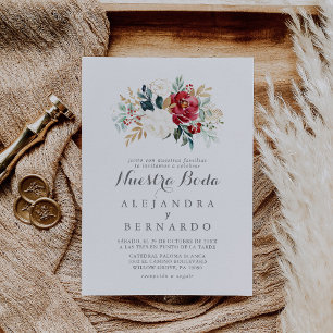 Convite Casamento Clássico Dourado Burgundy Floral Nuestra