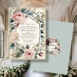 Convite Casamento Clássico Dourado Francês Vintage Floral