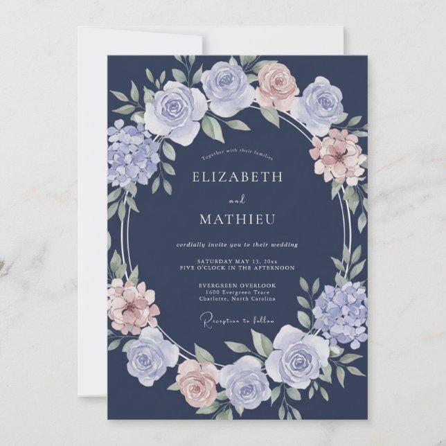 Convite Casamento Clássico e Elegante Azul Naval (Frente)