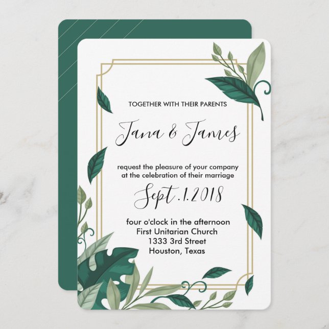 Convite Casamento clássico e elegante de licença verde sof (Frente/Verso)