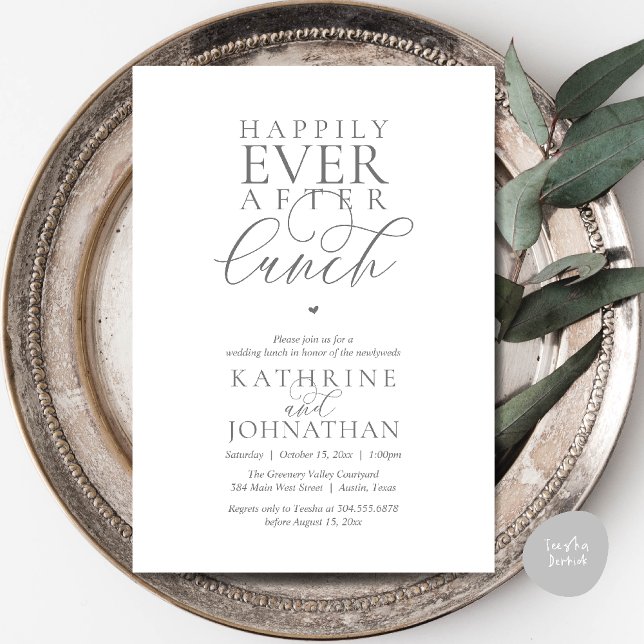 Convite Casamento Clássico e Intimo Almoço Feliz para Semp (Happily Ever After Lunch Classy Wedding Elopement Invitation card in dark grey)