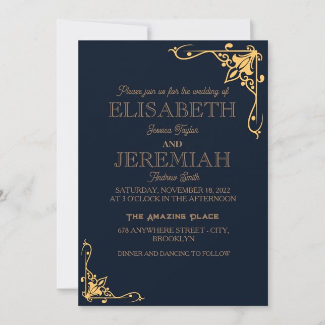 Convite casamento clássico e luxuoso de ouro azul (Frente)
