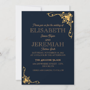 Convite casamento clássico e luxuoso de ouro azul