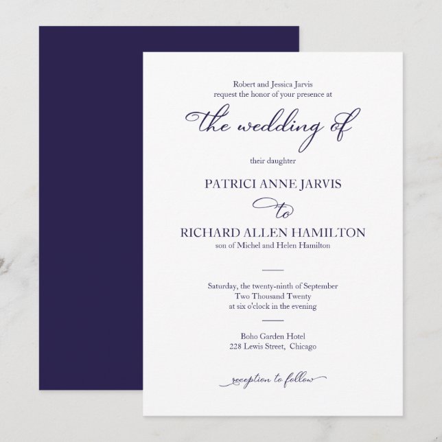 Convite Casamento Clássico Elegante Azul Marinho Script (Frente/Verso)