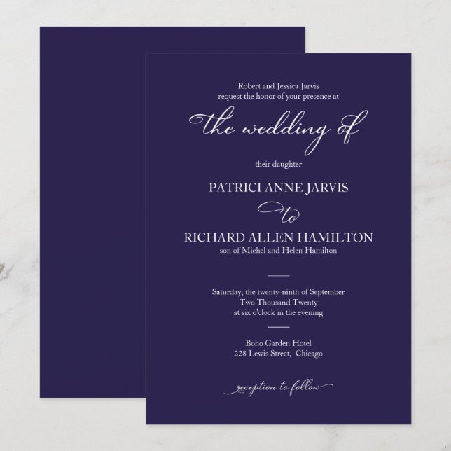 Convite Casamento Clássico Elegante Azul-Navy e Branco em  (Frente/Verso)