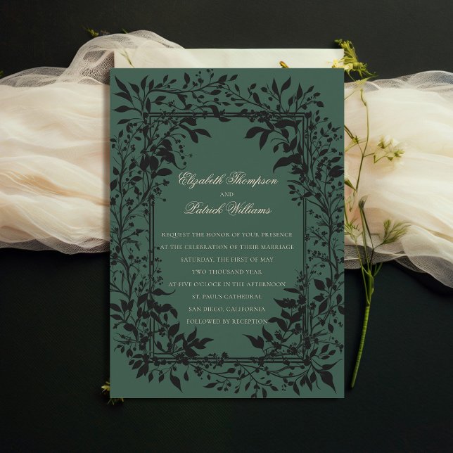 Convite Casamento Clássico Elegante Botânico da Floresta M (moody forest wedding invitation botanical frame green elegant modern traditional calligraphy)