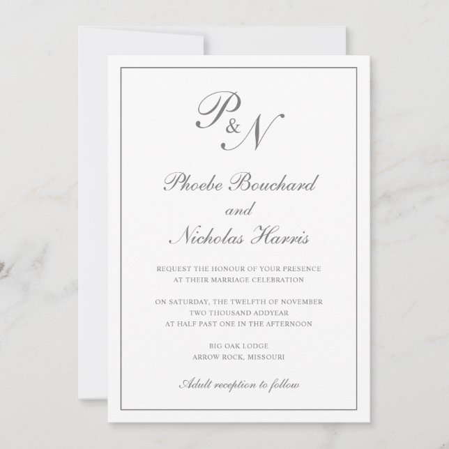 Convite Casamento Clássico Elegante Cinza (Frente)