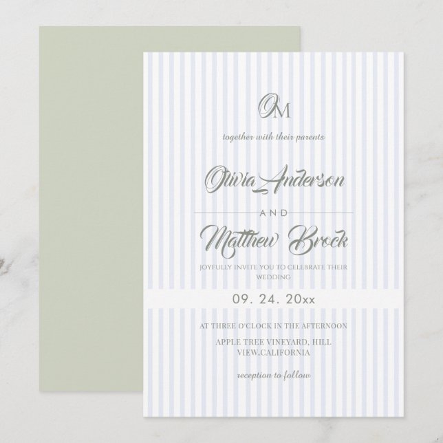 Convite Casamento Clássico Elegante com Listras Azuis e Sa (Frente/Verso)