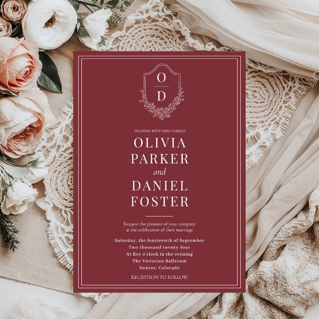 Convite Casamento Clássico Elegante Crest Burgundy (Criador carregado)