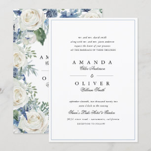 Convite Casamento Clássico Elegante de Rosa Floral Azul D