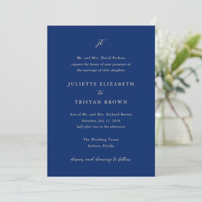 Convite Casamento Clássico Elegante em Azul Marinho e Crem (Em pé/Frente)