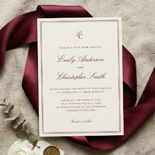 Convite Casamento Clássico Elegante em Borgonha e Creme